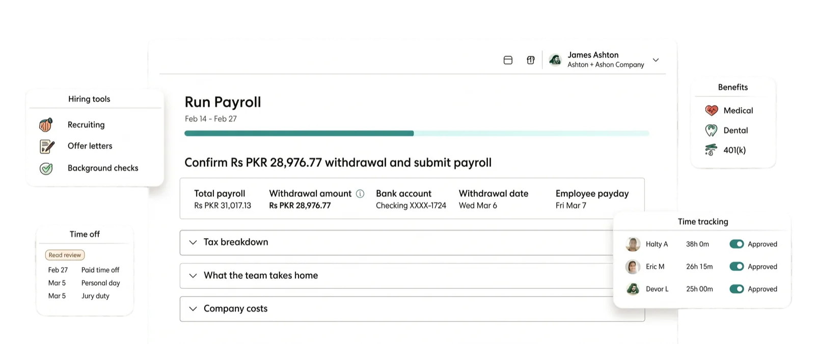 Crew payroll dashboard showing run payroll interface with USD amounts, time tracking integration, and benefits enrollment for a small business team.