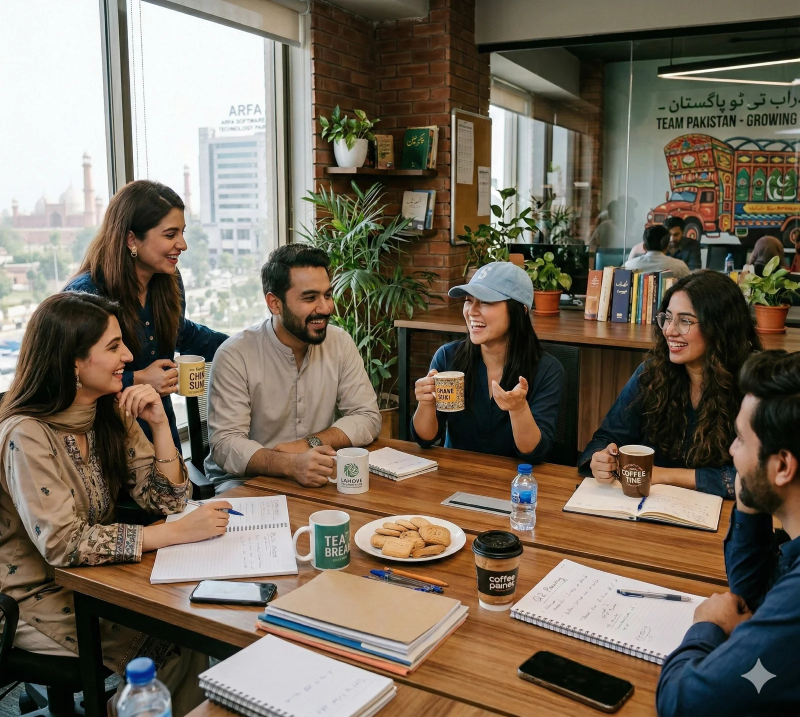 Small business team reviewing employee benefits options together, group health insurance and benefits administration through Crew, their broker